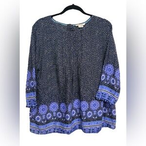 Boden Blue Floral Pintuck Pleated 100% Cotton Blouse Size 14